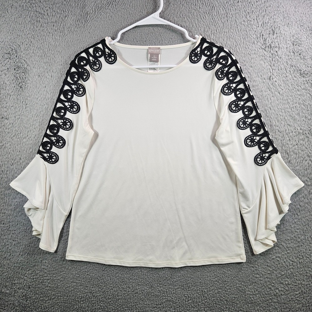 Chico's Top Blouse‎ Women Lace Sleeve Stretch White Artsy Size 0